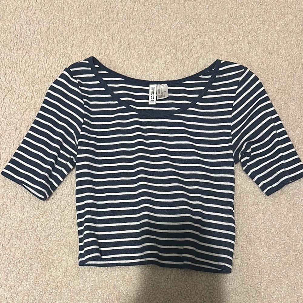 Divided Blue and White Fitted Crop T-Shirt